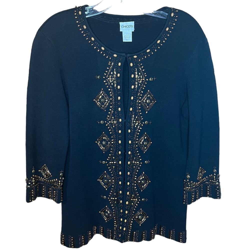 Chico’s Cotton Sequined and Beaded Black Cardigan Size 1=US Size 8/M